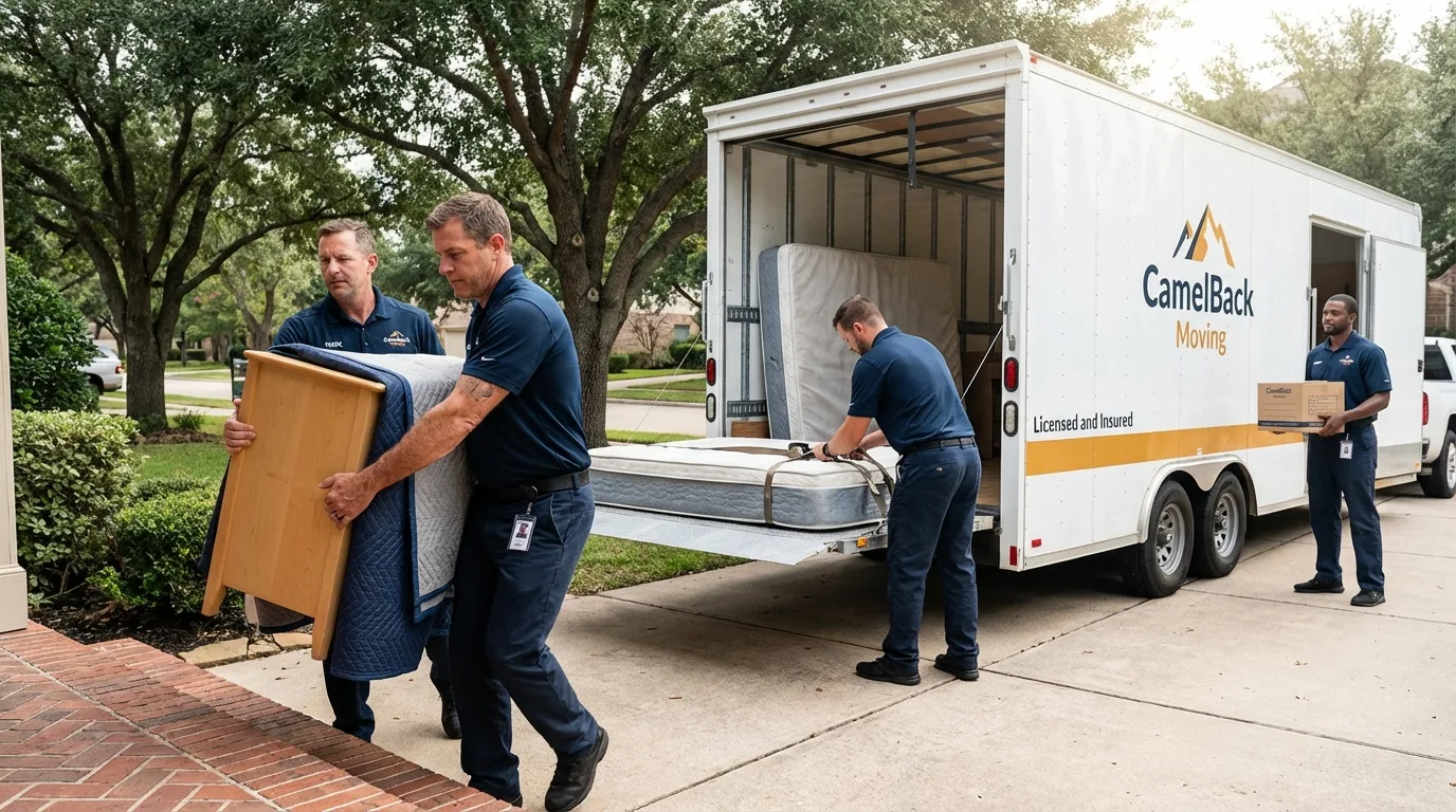 Crew loading residential truck for cross-state move from Hendersonville, NC