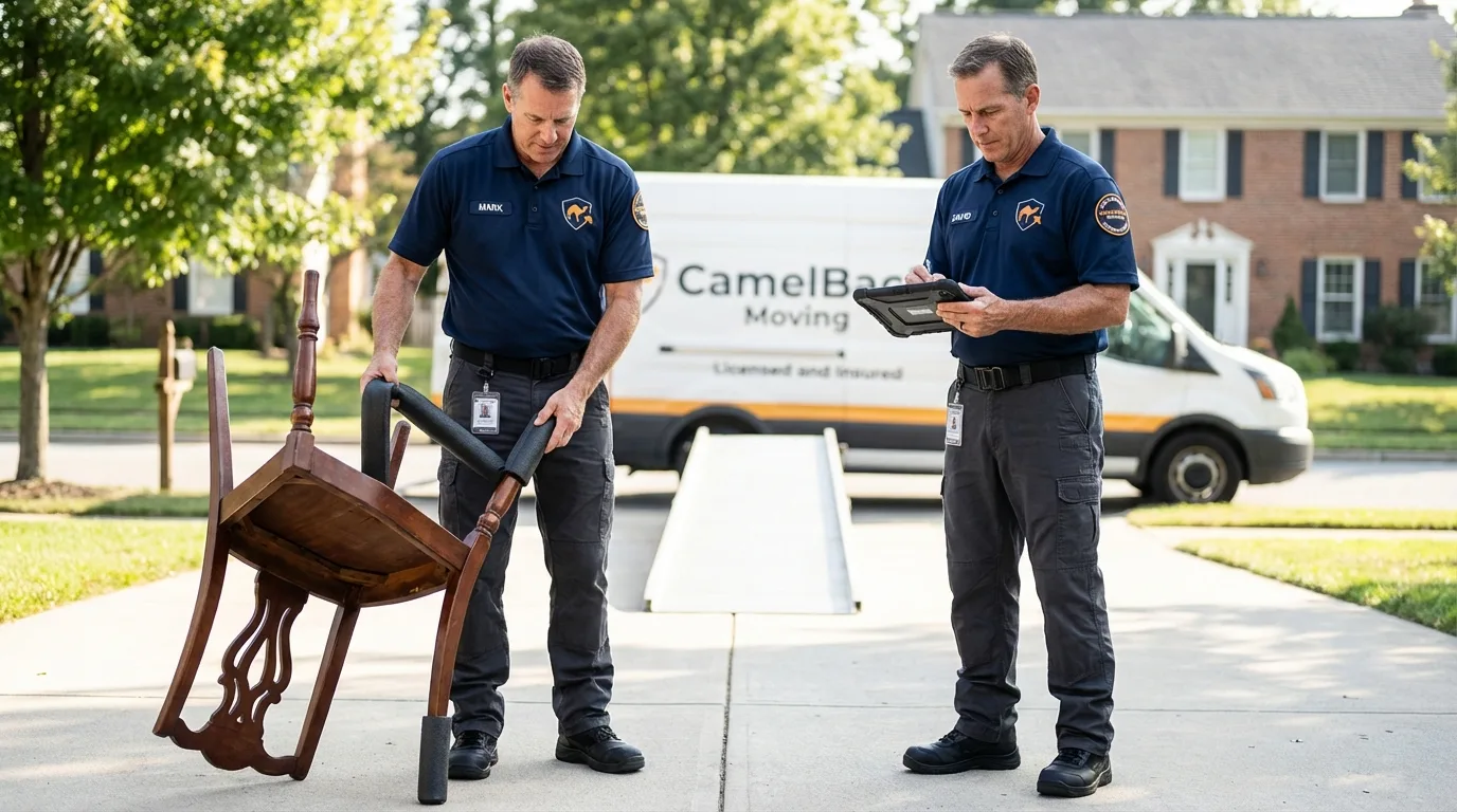 Movers inspecting furniture for damage prevention before loading in Hendersonville, NC