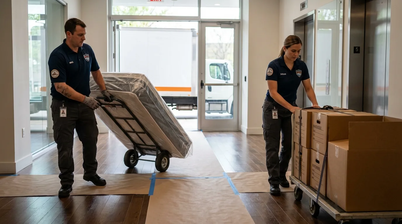 Professional apartment movers loading elevator in Hendersonville, NC